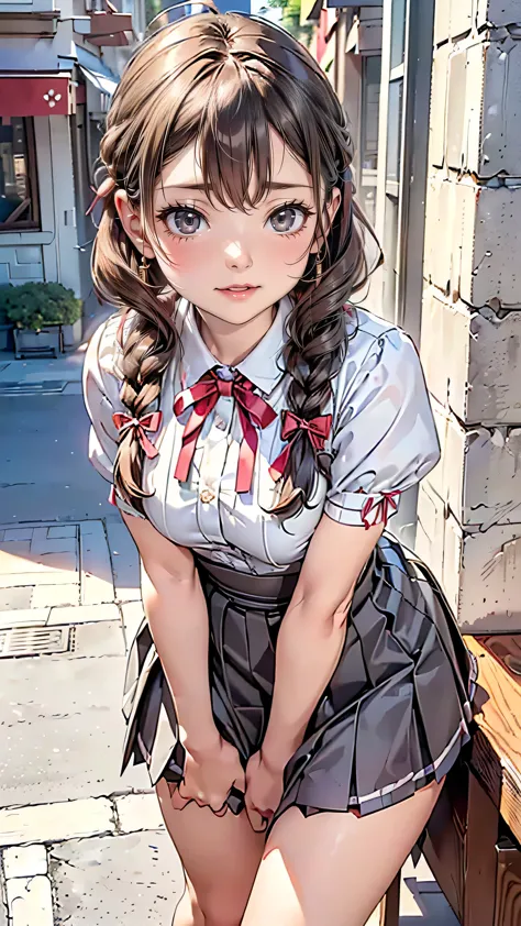 ((braid, glasses, pleated skirt, ribbon)), (((round face))), ((eyes with realistic sizing, drooping eyes, blush, shame smile, th...