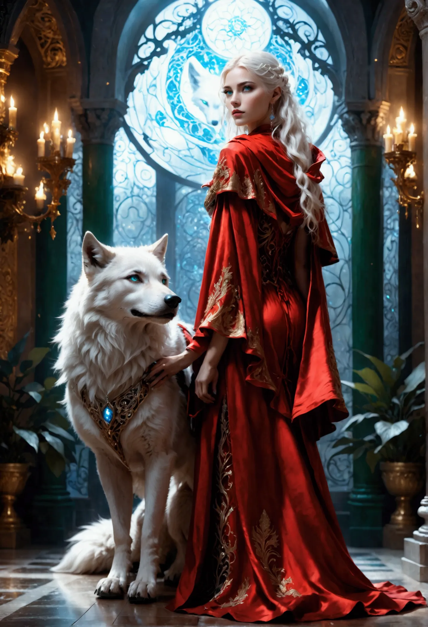 fantasy art, rpg art, ultra wide shot, raw, photorealistic, a picture of woman and her (white: 1.4) wolf pet, the woman,  an exq...