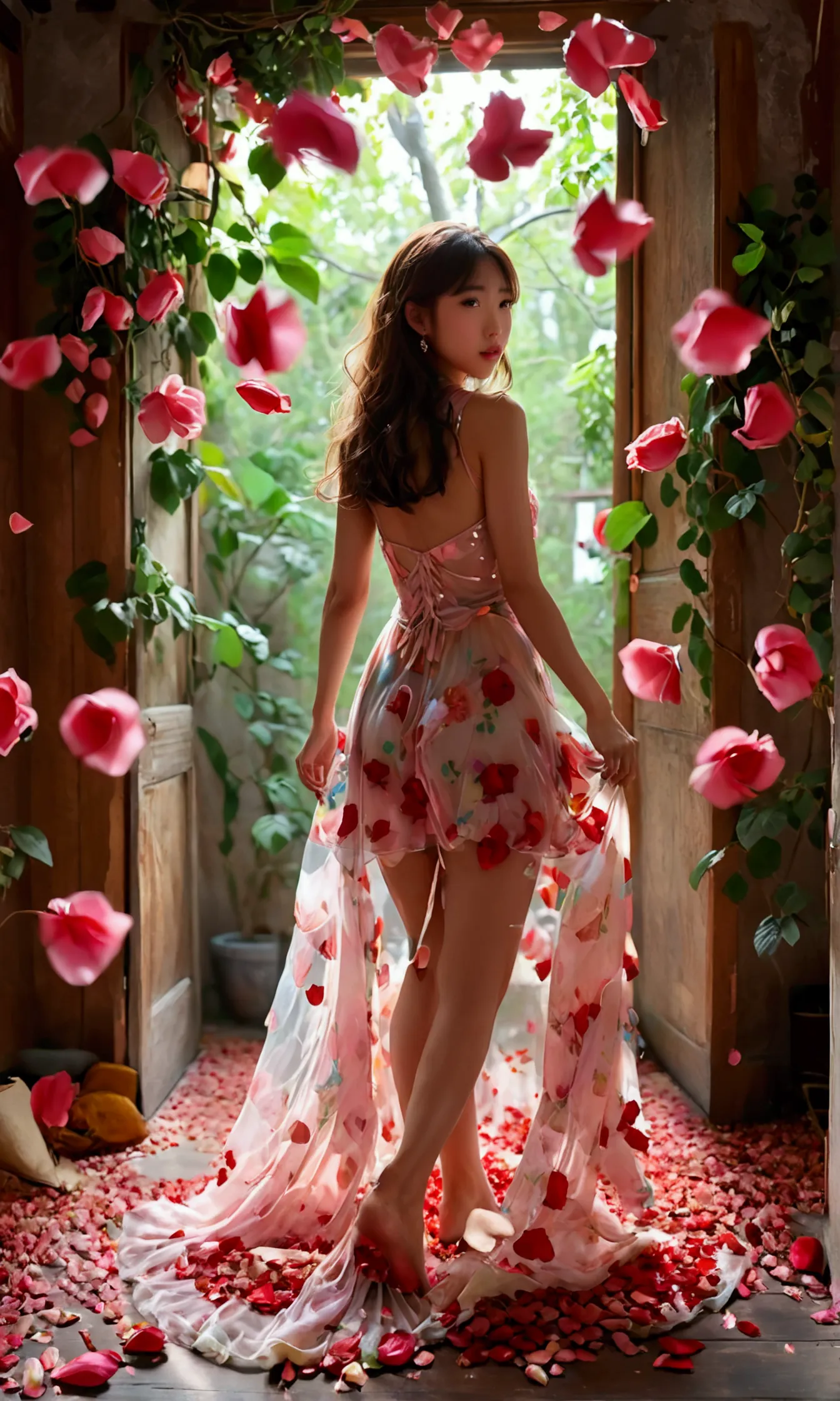 cute yuna (age 25, small sheer colorful airy dress, no underwear), is leading viewer through her house to he rose petal covered ...