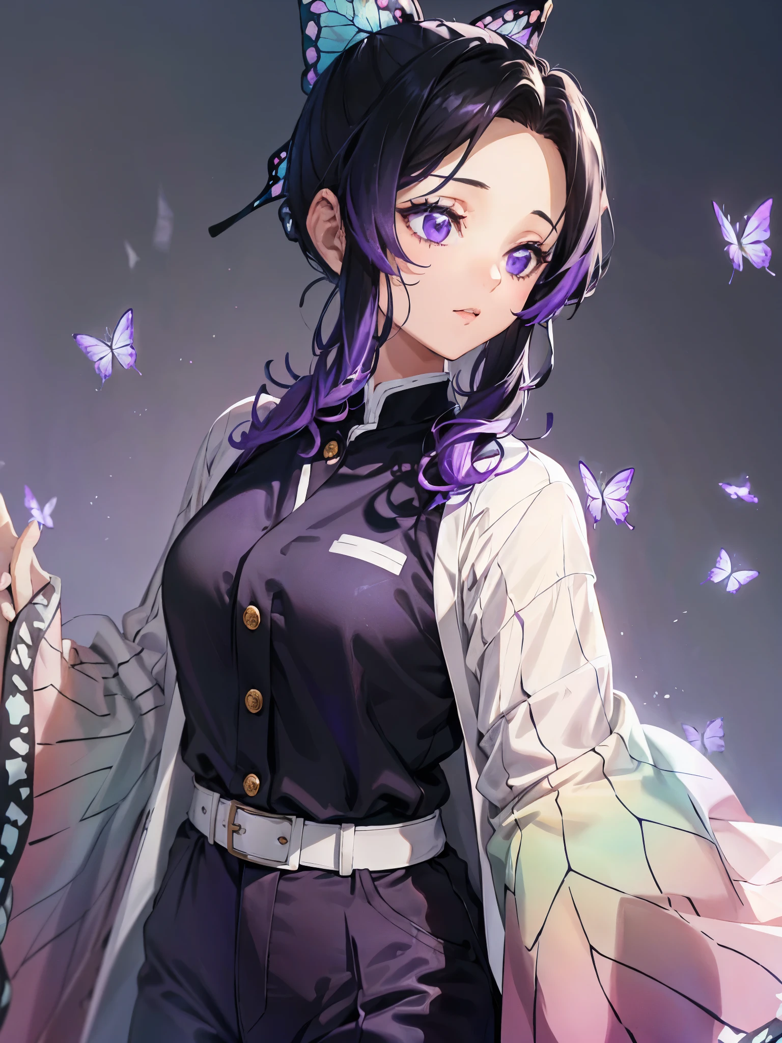 A girl with black hair that graduated to violet at the bottom, long front hair divided into two parts, a very small hair tie tied with a purple butterfly, wide eyes that graduated from white to dark violet at the bottom, wearing a dark purple shirt with golden buttons and short dark purple pants with a white kimono. Gradient green and pink at the bottom with butterfly wing patterns