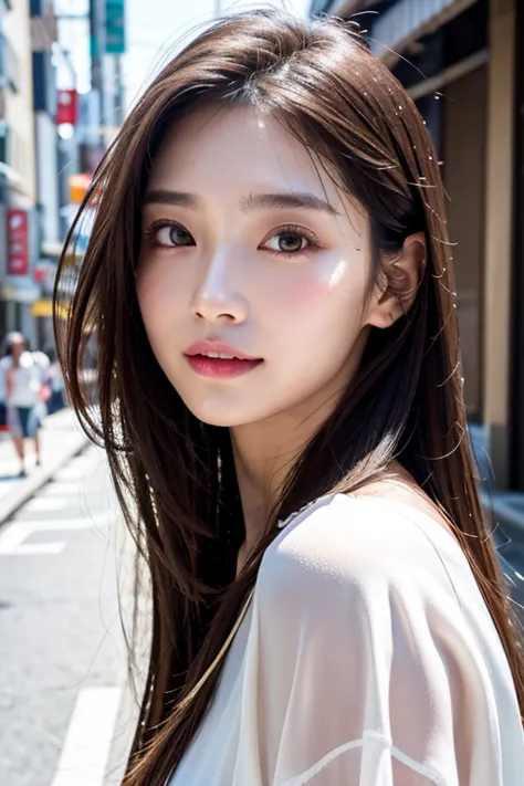 with the backdrop of tokyo alleys、1 girl、independent、look forward to、light eye makeup、brown hair color、flat 、hair blowing in the...