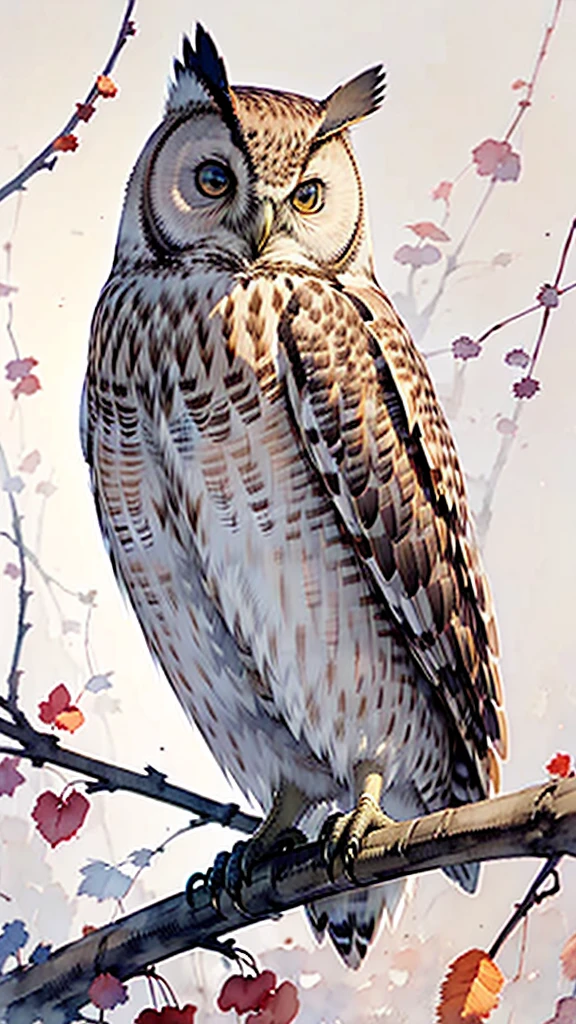 Watercolor of an owl perched on a wire fence, shades of brown