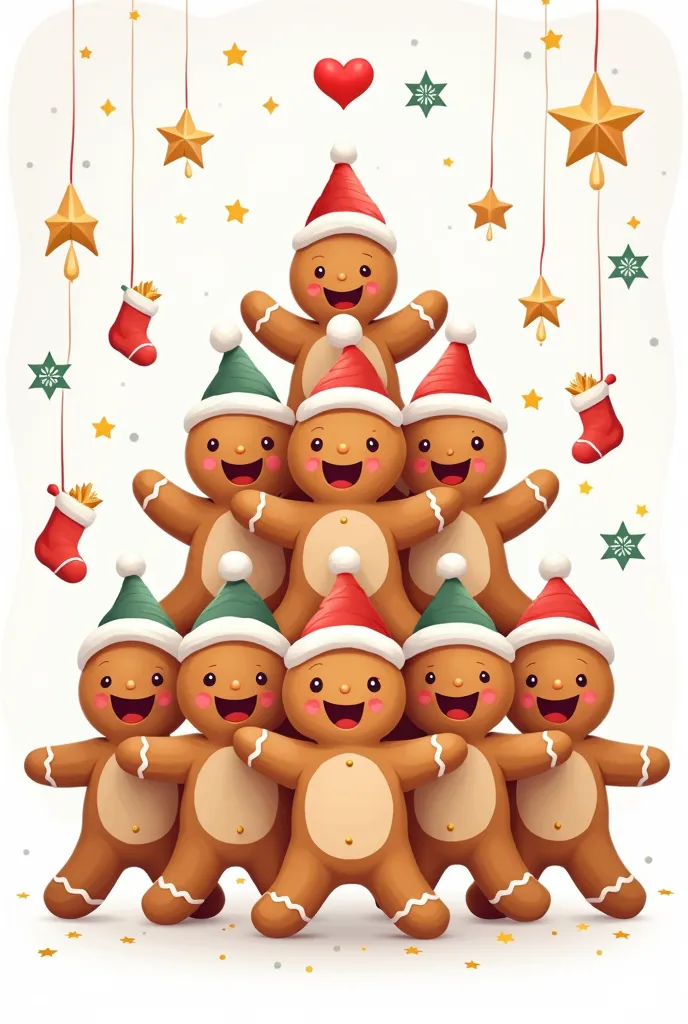 A festive scene with 9 cartoon gingerbread men, tight and aligned, each with a Christmas hat of different colors. The dolls have happy expressions and space on their torso to place the names of the family members.. They are surrounded by small decorative elements, like golden stars, snowflakes and hanging Christmas stockings. All characters and decorations are placed on a white background, with well-defined edges so that each element stands out clearly. besides, includes additional details such as a red heart and reindeer on top, creating a cheerful and warm Christmas scene