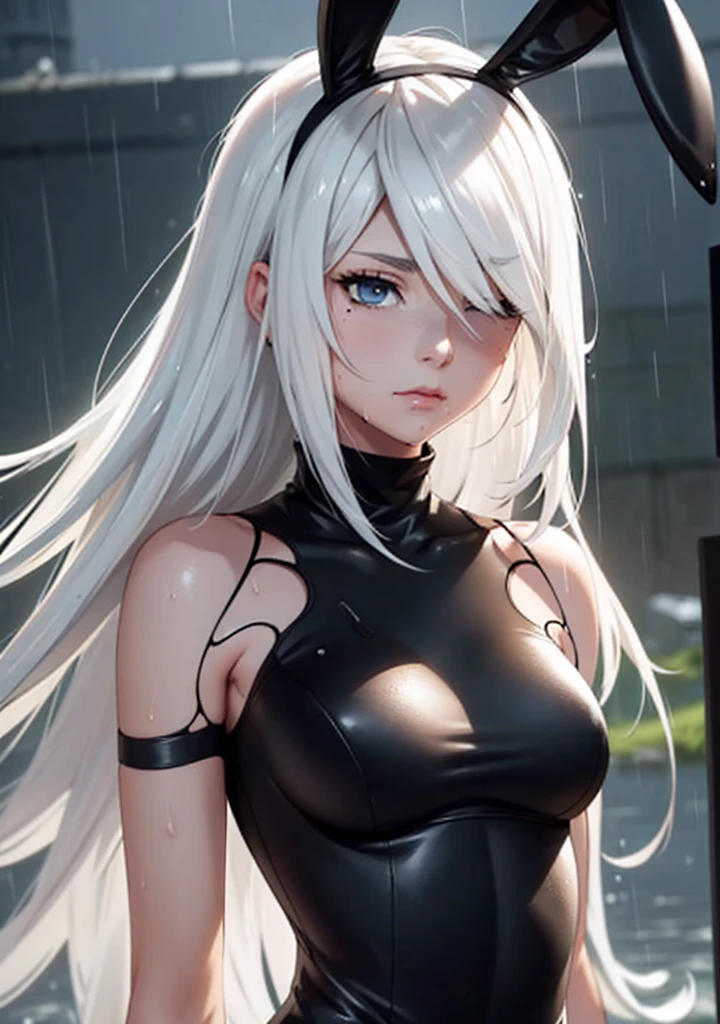 score_9, score_8_up, score_7_up, 1girl, solo, breasts, long hair, dress,bare shoulders, medium breasts, closed mouth, bunny ears, upper body, white hair, sleeveless, mole, blurry, black dress, lips, wet, depth of field, blurry background, turtleneck, phone, wet clothes, mole under mouth, facing viewer, rain, water drop, wet hair, yorha no. 2 type b, blindfold