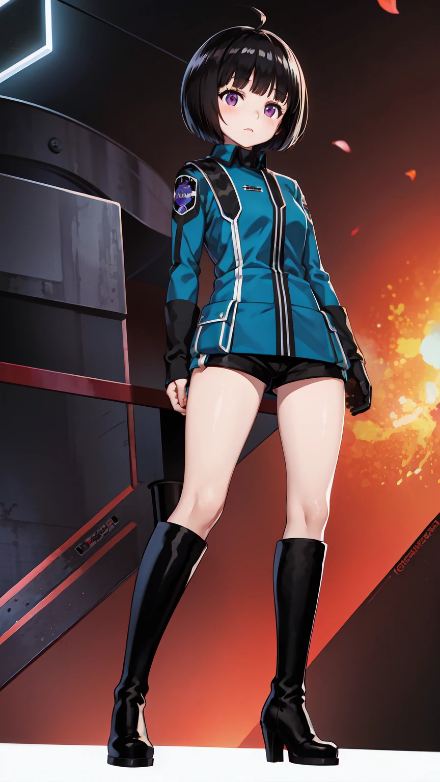 One Girl, alone, amateur_chika, short hair, Black Hair, Blunt bangs, Bobcut, Ahoge, Purple eyes, Long sleeve, Blue jacket, Uniform, Black Shirt, turtleneck, Symbolism, Short black shorts, Black boots, carry a long rifle, Cowboy Shot、Thighs、Black thigh-high boots、（（（Black high heels）））whole body, face, high quality, masterpiece, 超High resolution, high quality, Attention to detail, 最high quality, High resolution、Beautiful legs、Long legs、Long legs、Red High Heels、Thighs、Uniformリフト、His jacket is open、bra、