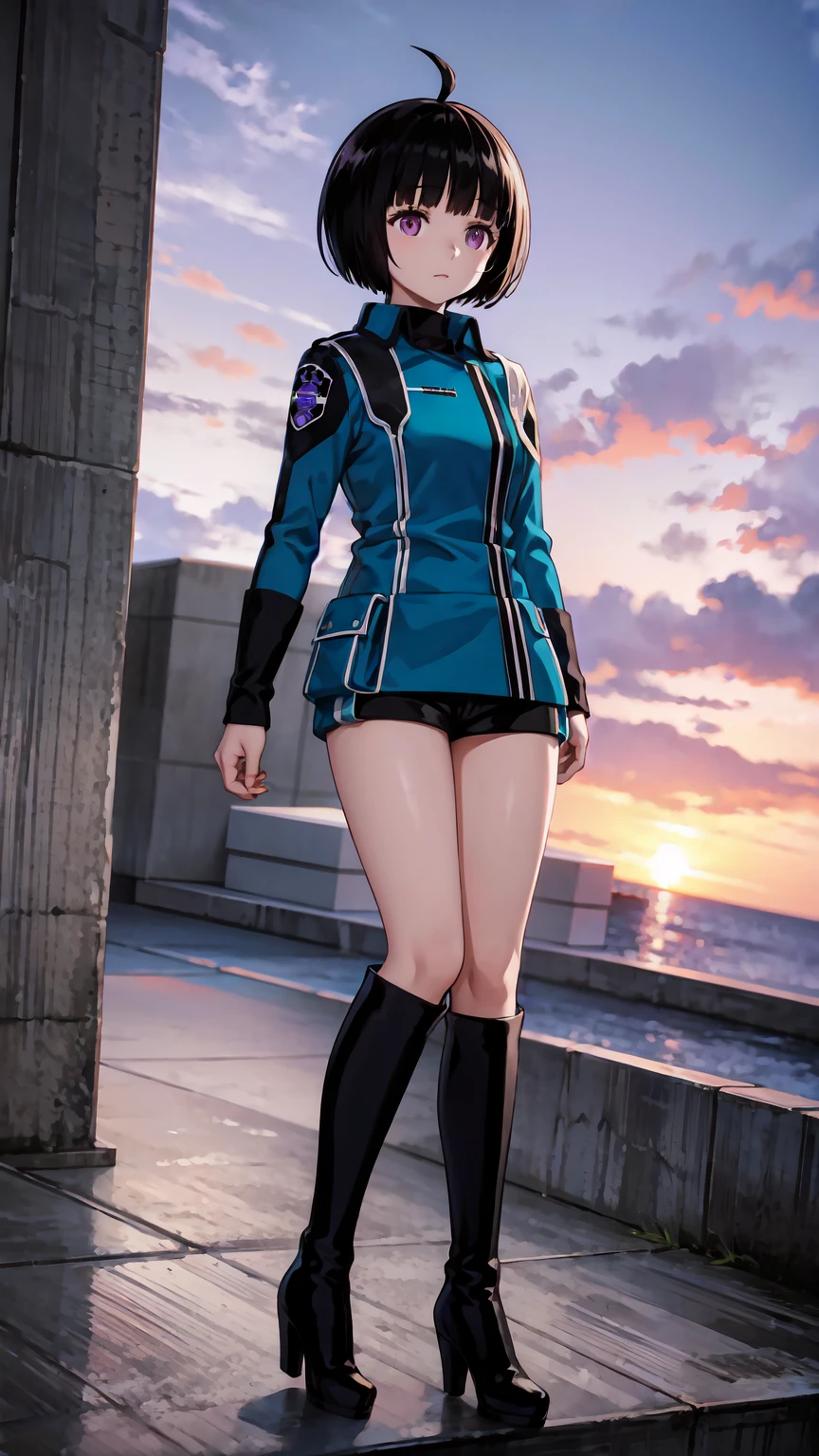 One Girl, alone, amateur_chika, short hair, Black Hair, Blunt bangs, Bobcut, Ahoge, Purple eyes, Long sleeve, Blue jacket, Uniform, Black Shirt, turtleneck, Symbolism, Short black shorts, Black boots, carry a long rifle, Cowboy Shot、Thighs、Black thigh-high boots、（（（Black high heels）））whole body, face, high quality, masterpiece, 超High resolution, high quality, Attention to detail, 最high quality, High resolution、Beautiful legs、Long legs、Long legs、Red High Heels、Thighs、Uniformリフト、His jacket is open、bra、