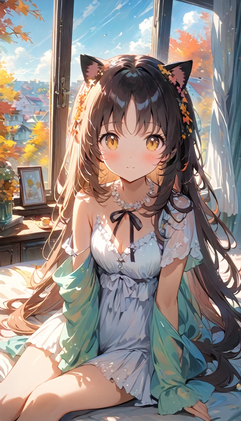 masterpiece、beautiful、Very detailed、8k、A pretty woman is sitting on the bed in a room、Kittens frolicking nearby.、refreshing morning atmosphere、Scenery from the window with autumnal hints、Colorful worldview、Cute Anime Girl Portrait、Cute cat anime visuals、Sexy Costumes