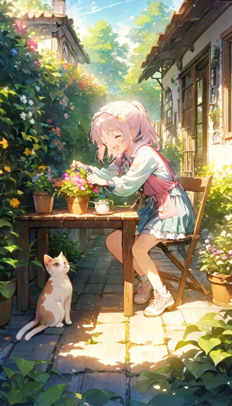 ((Highest quality)), ((masterpiece)), (detailed), One Girl, cute衣装, kitten, Highest quality, ultra detailed, kitten, Happy, House garden, Watering the flowers, table, Chair、In the morning sun, cute, In a bright and colorful world, anime, Full Body Shot