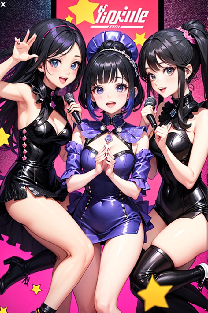 3 rock woman singers group with microphone, singing a song, illustration, kawaii  colorfull, glitter, pailette, palette, all with black hair