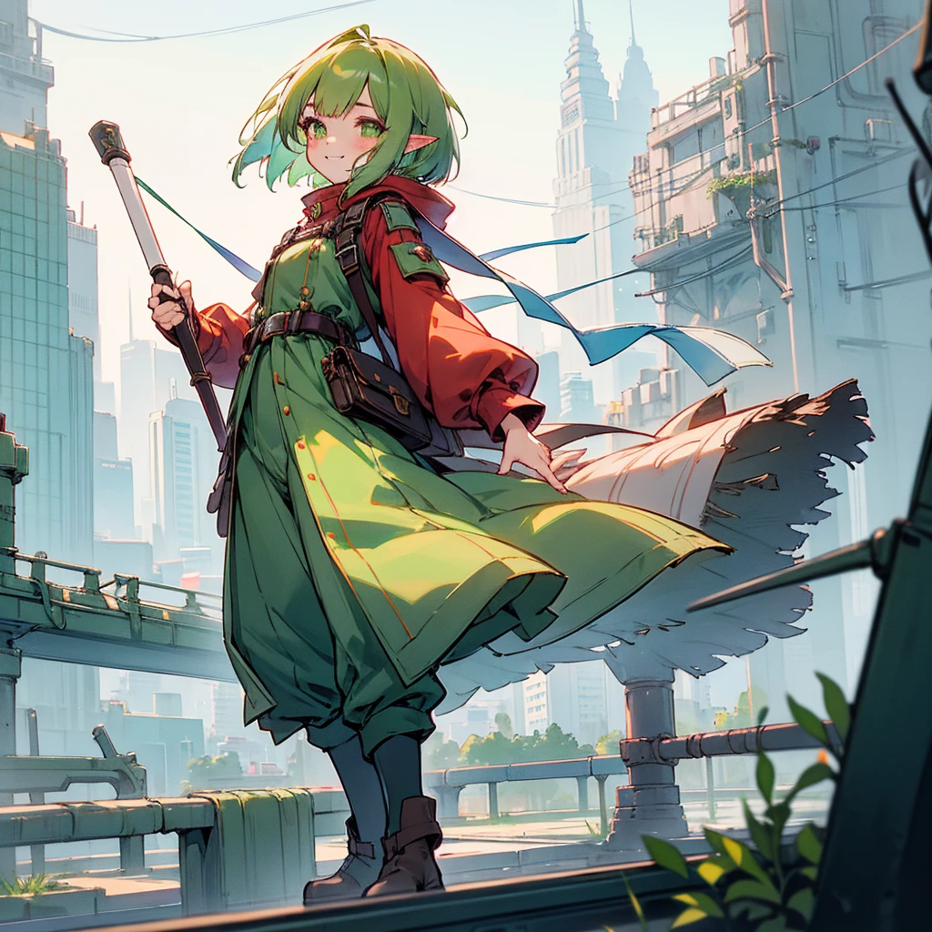 elf, (1 girl), green hair, green eyes, bob cut, thin eyebrows, smiling, young, alone, Lolita, childhood, child, short, overall, coat, long boots, red hood, wide pants, harness, fingerless globe, belt, waist pouch, in the city, tiny, baby face, pastel academia, cel anime, cyber punk