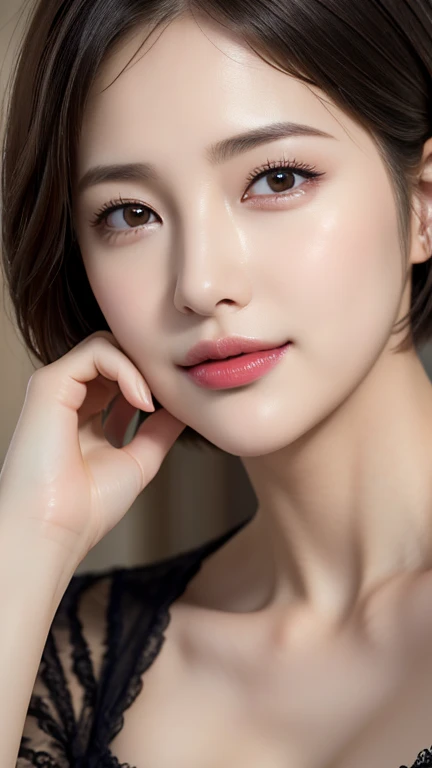 (Realistic:1.4),(8k),(RAW Photos),(Highest quality),(masterpiece:1.2),(One woman),(Ultra-realistic faces),(Super beautiful face),(Very detailed),(Slender body),Detailed skin,Realistic,slim,Skin Tones,Ultra short hair,smile,,Small breasts,bed,negligee,No makeup