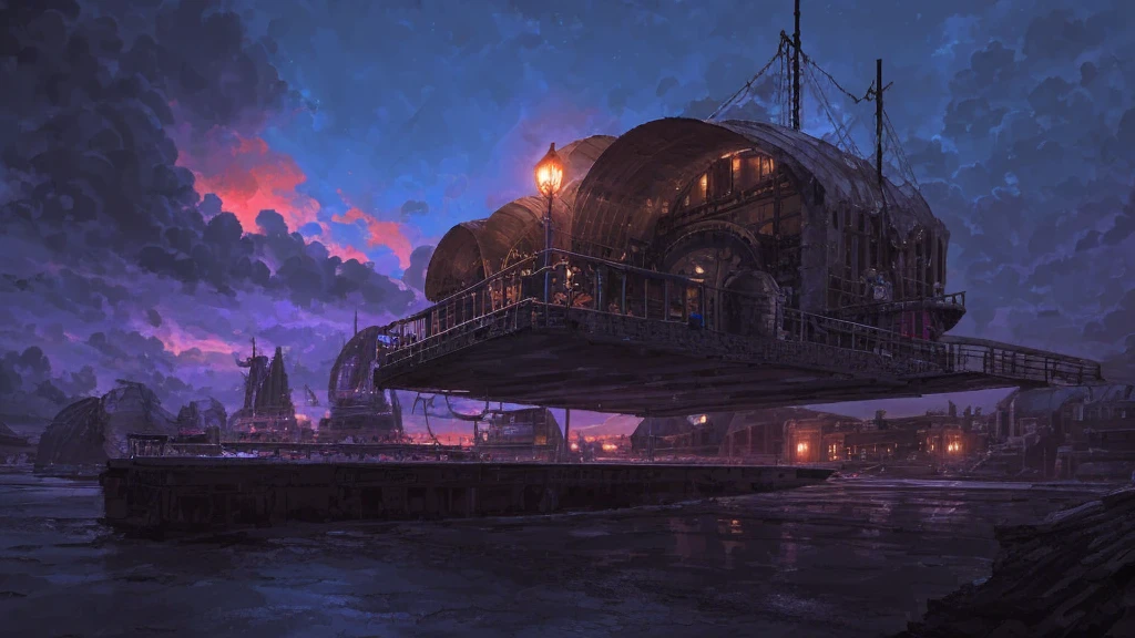 airship hangar, magitech, fantasy, final fantasy, high fantasy, airships docked, platforms to walk on, steps leading to the docked airships, extremely detailed, day time