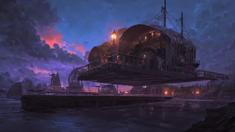 airship hangar, magitech, fantasy, final fantasy, high fantasy, airships docked, platforms to walk on, steps leading to the dock...