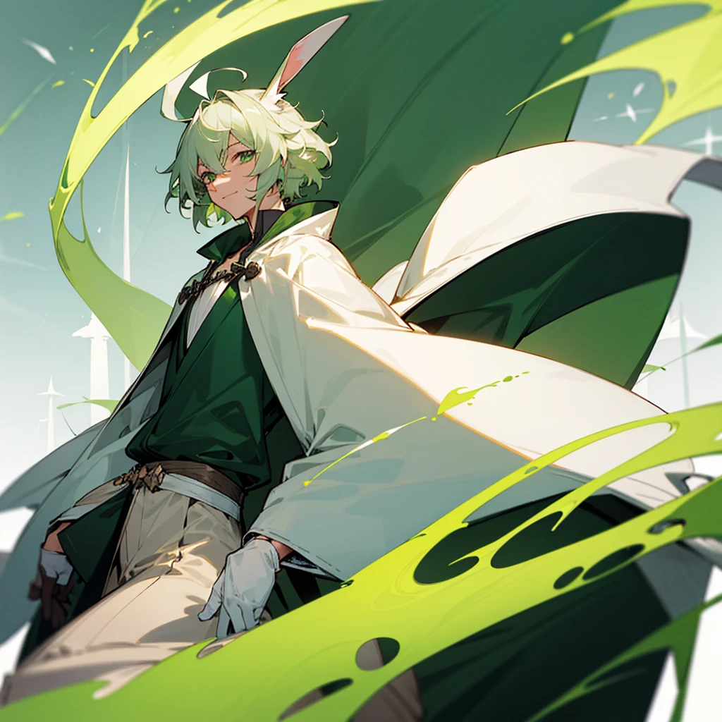 (long Green rabbit ears), green animal ears, male, silver hair,short hair, medium cut, ahoge, curly hair, green eyes,slender, fair skin, green robe, cloak, White gloves, cool mild Smile, windmill