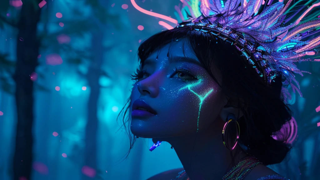 portrait | wide angle shot of eyes off to one side of frame, lucid dream-like woman, looking off in distance ::8 style | daydreampunk with glowing skin and eyes, styled in headdress, beautiful, she is dripping in neon lights, very colorful blue, green, purple, bioluminescent, glowing ::8 background | forest, vivid neon wonderland, particles, blue, green, purple ::7 parameters | rule of thirds, golden ratio, assymetric composition, hyper- maximalist, octane render, photorealism, cinematic realism, unreal engine, 8k ::7 --ar 16:9 --s 1000