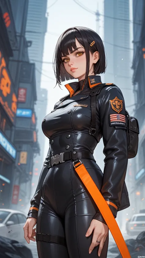 white of , long black hair, a military suit, orange cover, big brown-eyes, sci-fi, gloomy mood, chartturnerv2