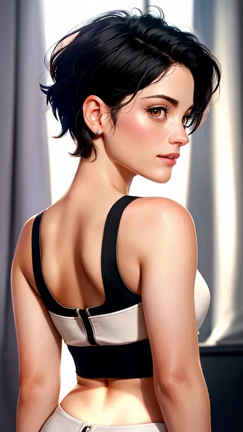 realistic photo of a beautiful j41m134 woman,1girl,solo,looking at viewer,short hair,black hair,bare shoulders,upper body,lookin...