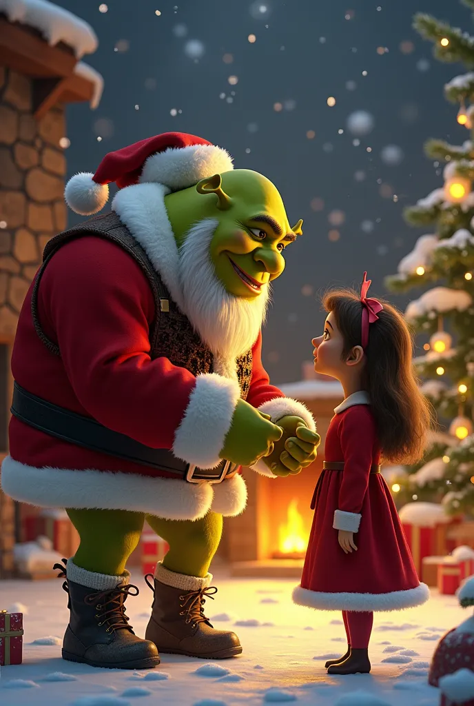 Create me an image where Santa Claus and Shrek are saying sorry Isabella