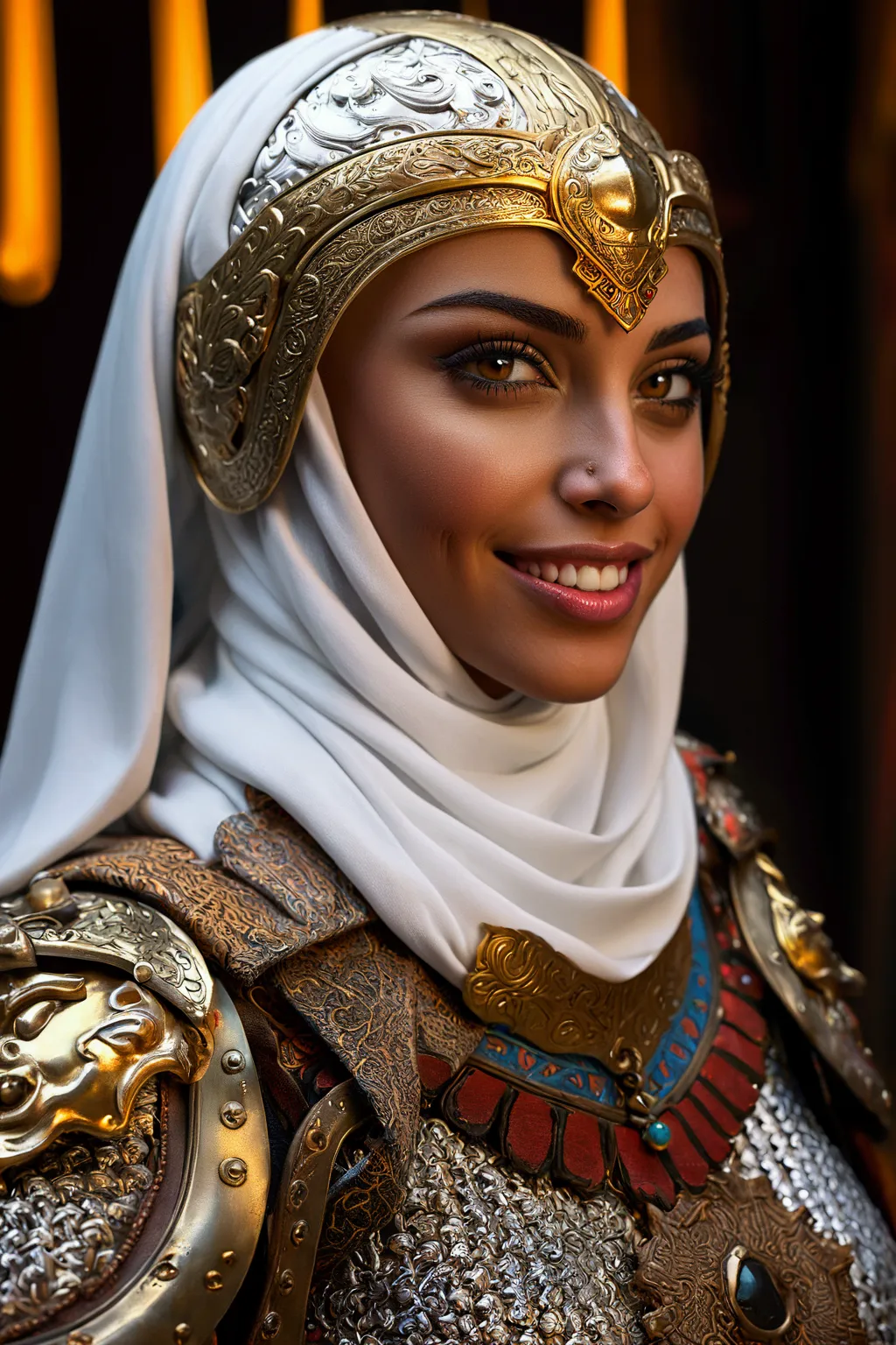 female arabic paladin, arabic style, detailed golden eyes, detailed white short hair, detailed lips, extremely detailed face and...