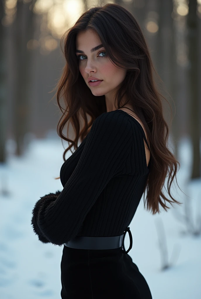 (photorealism:1.2), (photorealism:1.2), (photorealism:1.2), award-winning, fashion photography, fine art portrait, porcelain-like skin, upper body shot, long silky hair draping down, the stunning brunette woman wearing a virgin destroyer sweater, paired with a black suede short skirt, long black mini boots for the shadows, long distance, below knee level shot, looking at the viewer,  Winter fashion pic, Vogue-inspired, stunning model in snowy forest, striking poses in the dark evening winter wardrobe, soft natural light, DSLR, capturing elegance. , Over-the-Shoulder Glance, Looking over one shoulder with a captivating gaze, adding a touch of mystery and allure, subsurface scattering, oily skin,(glossy skin:1.1), Tanlines  