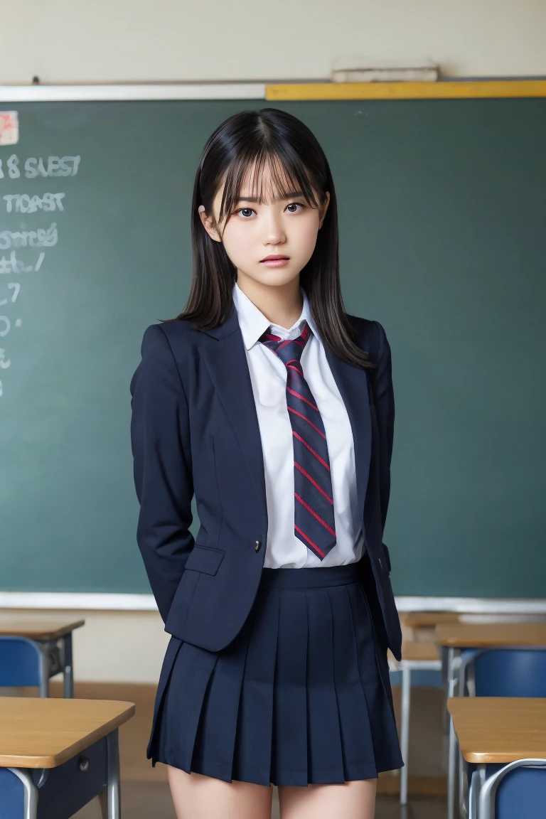 Highest quality,Ultra-high resolution,high school girl,1 person,whole body,Black Hair, Cool look,Looking into the camera,Beautiful Skin,High School Uniform, tie,Small breasts,Check skirt,Classroom after school,Standing pose