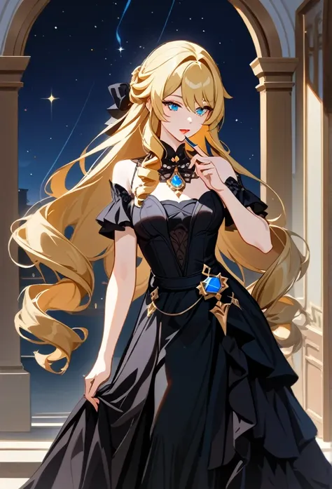 navia from genshin impact, her long, beautiful blonde hair is loose, no hat, and she is looking down with a sleepy and sexy look...