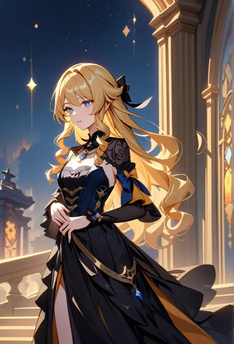 navia from genshin impact, her long, beautiful blonde hair is loose, no hat, and she is looking down with a sleepy and sexy look...