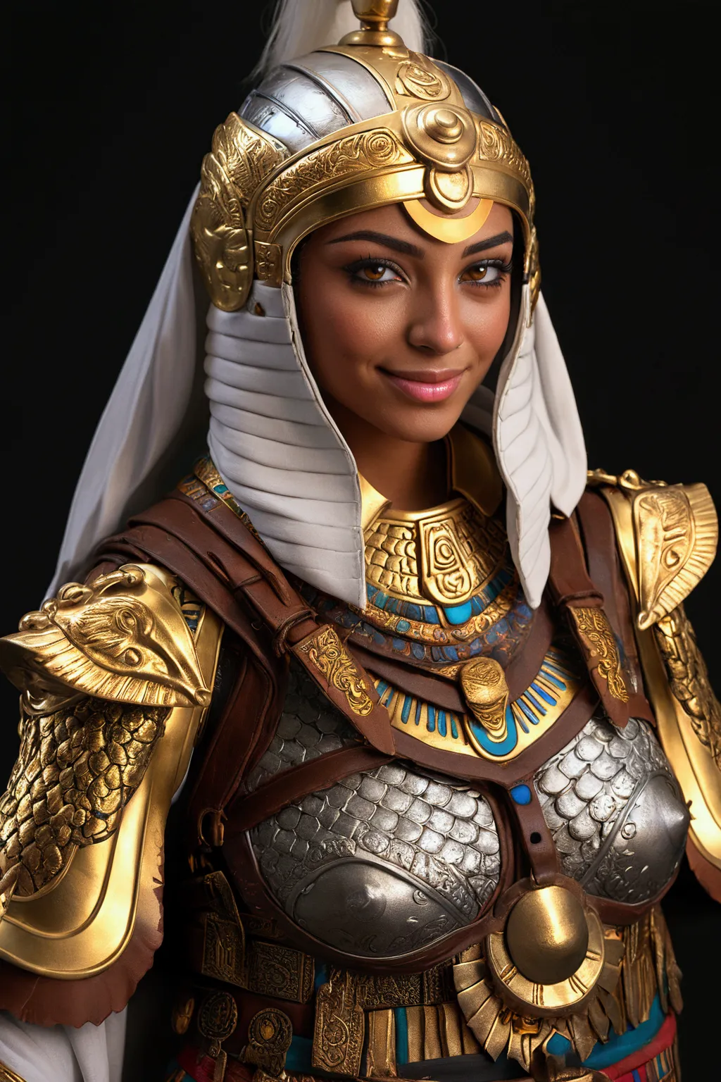 female egyptian paladin, egyptian style, detailed golden eyes shining lightly, detailed white short hair, detailed lips, extreme...