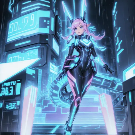 "a sleek, anthropomorphic bunny with a cyberpunk theme. she has silver fur with glowing neon pink accents that pulse with energy...