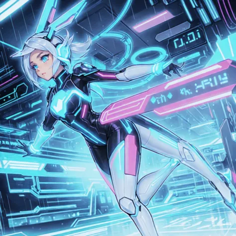 "a sleek, anthropomorphic bunny with a cyberpunk theme. she has silver fur with glowing neon pink accents that pulse with energy...