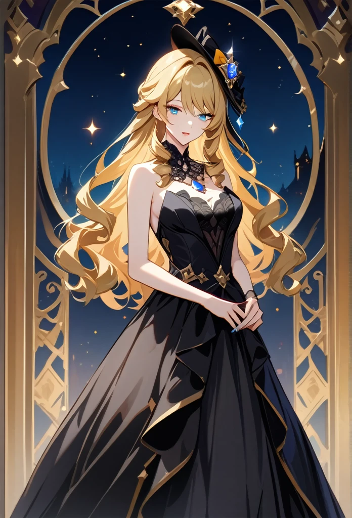 Navia from genshin impact, her long, beautiful blonde hair is loose, no hat, and she is looking down with a sleepy and sexy look, she is holding a lipstick in one hand and placing it on her lip, and her other hand is placing it on her waist, she is wearing an elegant black evening dress that shines like the night sky, highlighting her beauty even more, half body, close to camera, best quality 