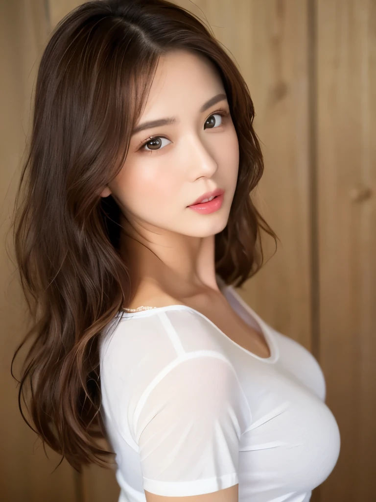 (realist、Masseter region、of the highest quality、High resolution、RAW Photos)、（whole body, without fabric, glamorous body）realist、bright lighting、illuminated face、Soft professional lighting、20 years、Height１７０CM,beautiful woman、modeling、gravure、natural makeup、so beautiful、realist and beautiful skin、plum thighs, beautiful and detailed、detailed face、big breasts+、white cropped t-shirt、Correa +、wavy fur、hits, Brown hair、Brown eyes, Cara sexy, looking to the camera、Take a photo, Seductive pose, cowboy shot, Top view, , (naked) I want a kiss+++, 