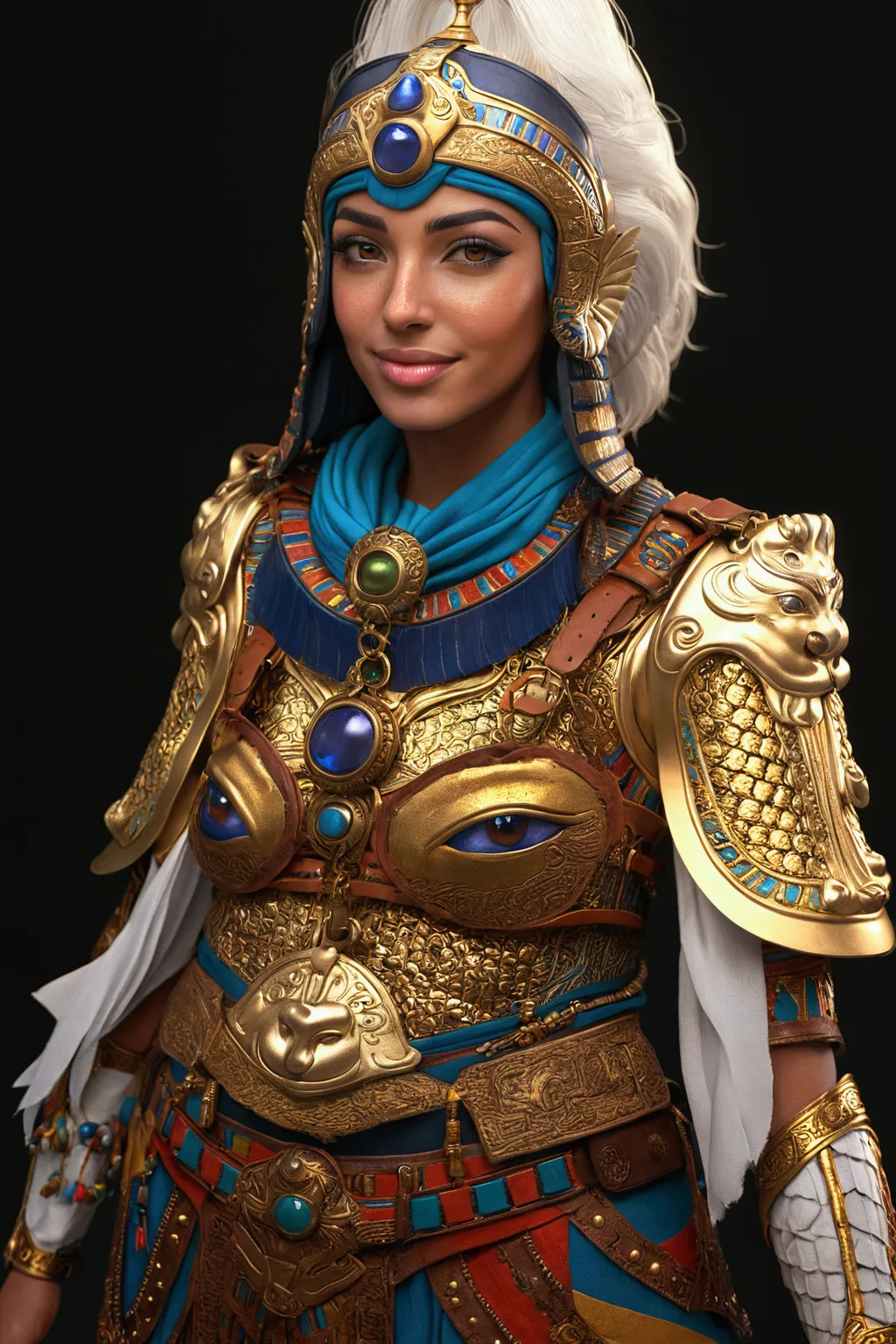 female egyptian paladin, egyptian style, detailed heavenly eyes glowing, celestial energy coming out of the eyes, detailed white...