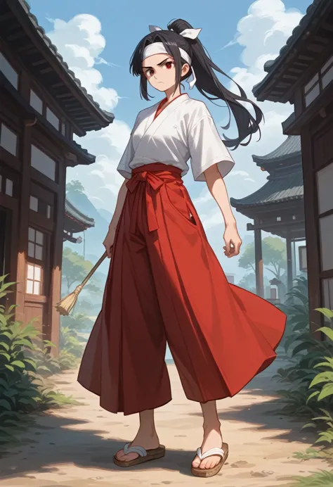 1girl, solo, tall, white haori, red hakama, or, straw sandals, white headband, serious look, holding a naginata, black hair, lon...