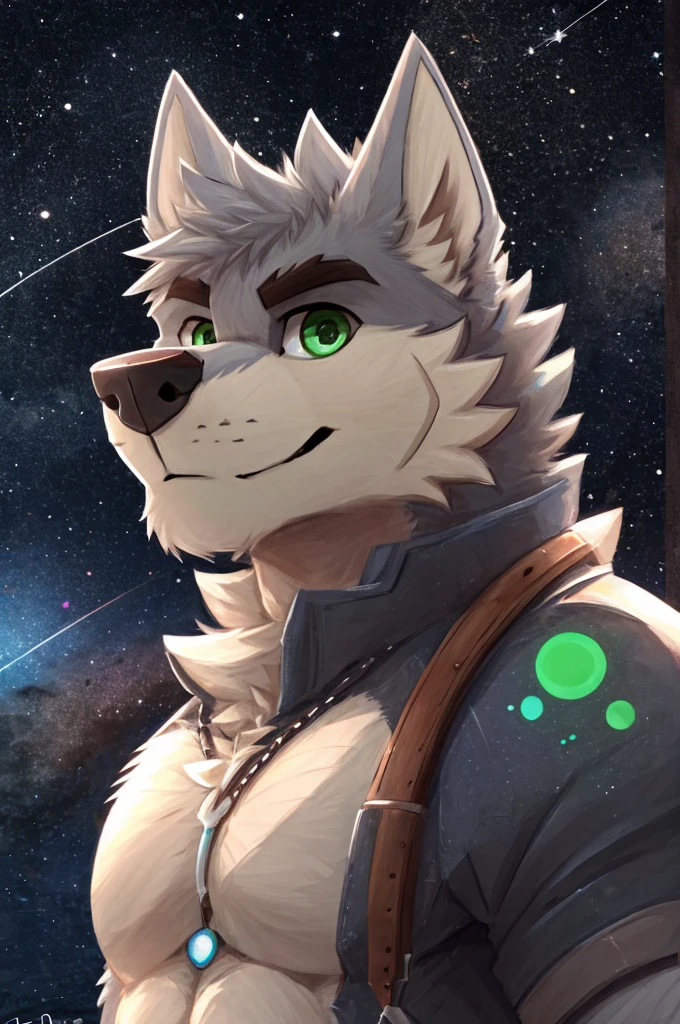 (great quality), lobo, alone, detailed face, detailed body, 5 fingers, Detailed hands, green eyes, detailed eyes, short hair, 2 arms, whole body, ((creative pose to draw it)), to the screen,((image for circular profile picture)), ((starry background)), por pache riggs