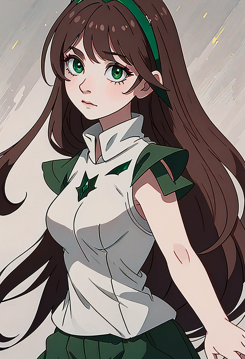 (masterpiece, side lighting, finely detailed emerald eyes : 1.2), simple animated drawing, close-up face view, pale skin, slight blushing, animated, adult female, [emotionless, darkened eyes, long neat hair, side swept bangs, brown hair, wearing a short t-shirt in front and long in back, with a clan symbol on the bottom of the fabric, the shirt is sleeveless and white, below are dark red shorts, plain and with pockets. Looking down. View from below. Side pose. Sky background. 