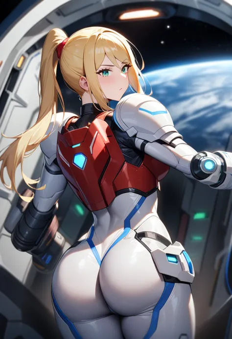 1girl,samus aran,solo,green eyes,blonde hair,white blue power armor,ponytail,arm cannon,red chest armor, big shoulder armor,cowb...