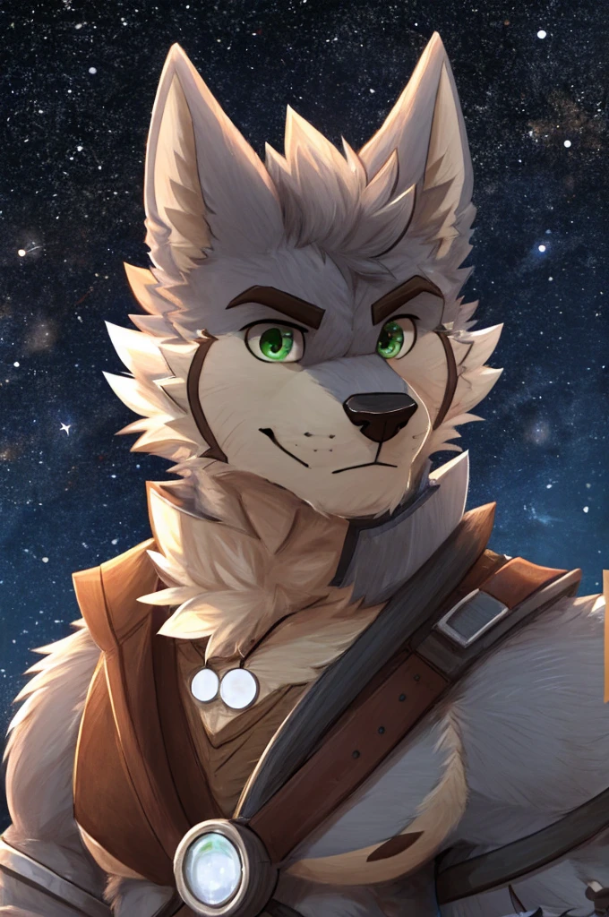 (great quality), lobo, alone, detailed face, detailed body, 5 fingers, Detailed hands, green eyes, short hair, 2 arms, whole body, ((creative pose to draw it)), to the screen,((image for circular profile picture)), ((starry background)), por pache riggs