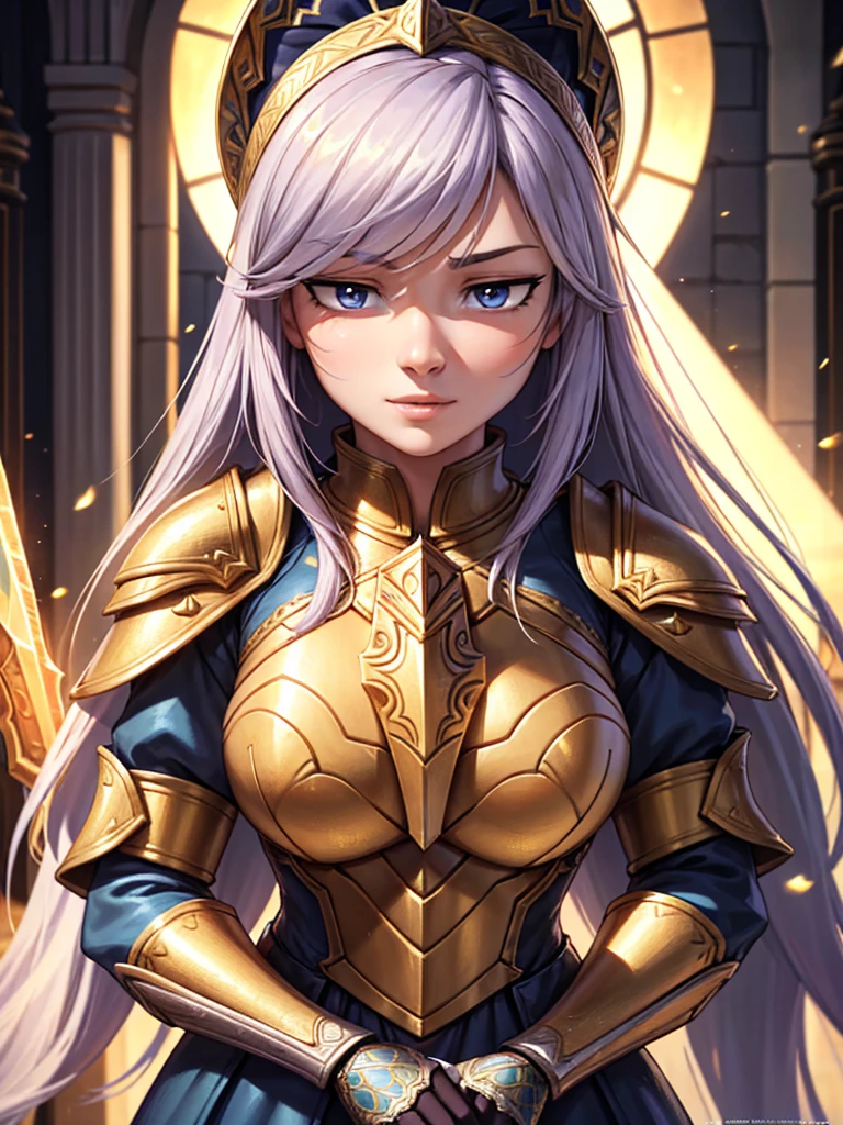 a beautiful female paladin in a miniature painting, (best quality,4k,8k,highres,masterpiece:1.2),ultra-detailed,(realistic,photorealistic,photo-realistic:1.37),extremely detailed eyes and face,longeyelashes,beautiful detailed lips,beautiful detailed eyes,intricate armor,intricately detailed dress,huge firm bouncing bust,wide viewing angles,accurate skeletal structure,complex armor patterns,detailed hair,detailed face,paladin with a light-imbued sword