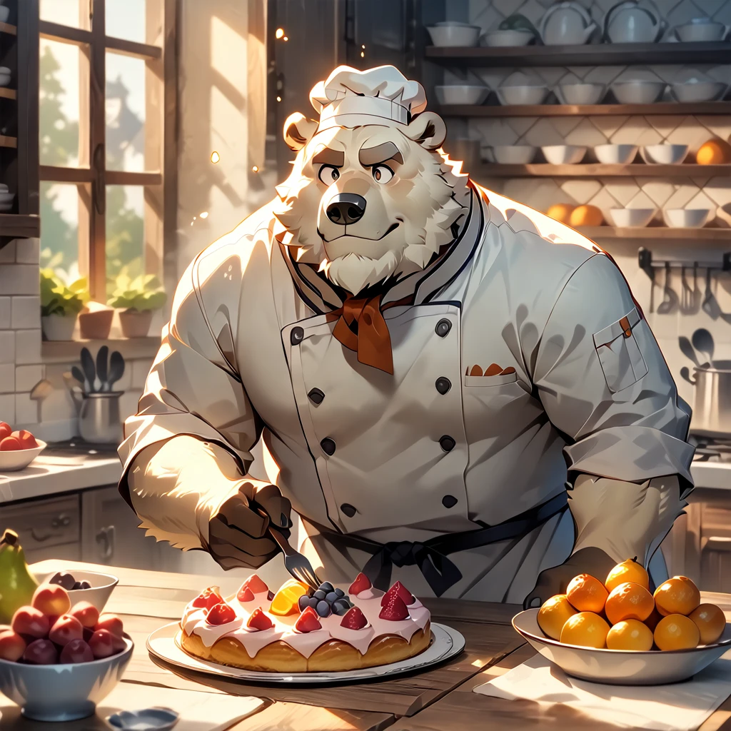 masterpiece, best quality, very aesthetic, absurdres, BREAK [face:full body:0.25], looking away, from above, Pastry chef, plump middle-aged french polar bear man, fluffy body, brown eyes, beautiful beard, male face, big face, square jawline, male eyes, sharp eyes, big eyes, male eyebrows, innocent look, BREAK happy,little smile, chef's hat, cook a cake, assorted fruits, dynamic pose, BREAK [simple background::0.25], morning, Patisserie, kitchen, indoor, france,  