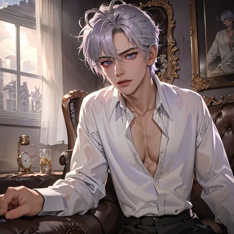 1boy, solo, detailed silver hair, cinematic lighting, high-resolution, lean build, detailed violet beautiful eyes, silver hair, ...