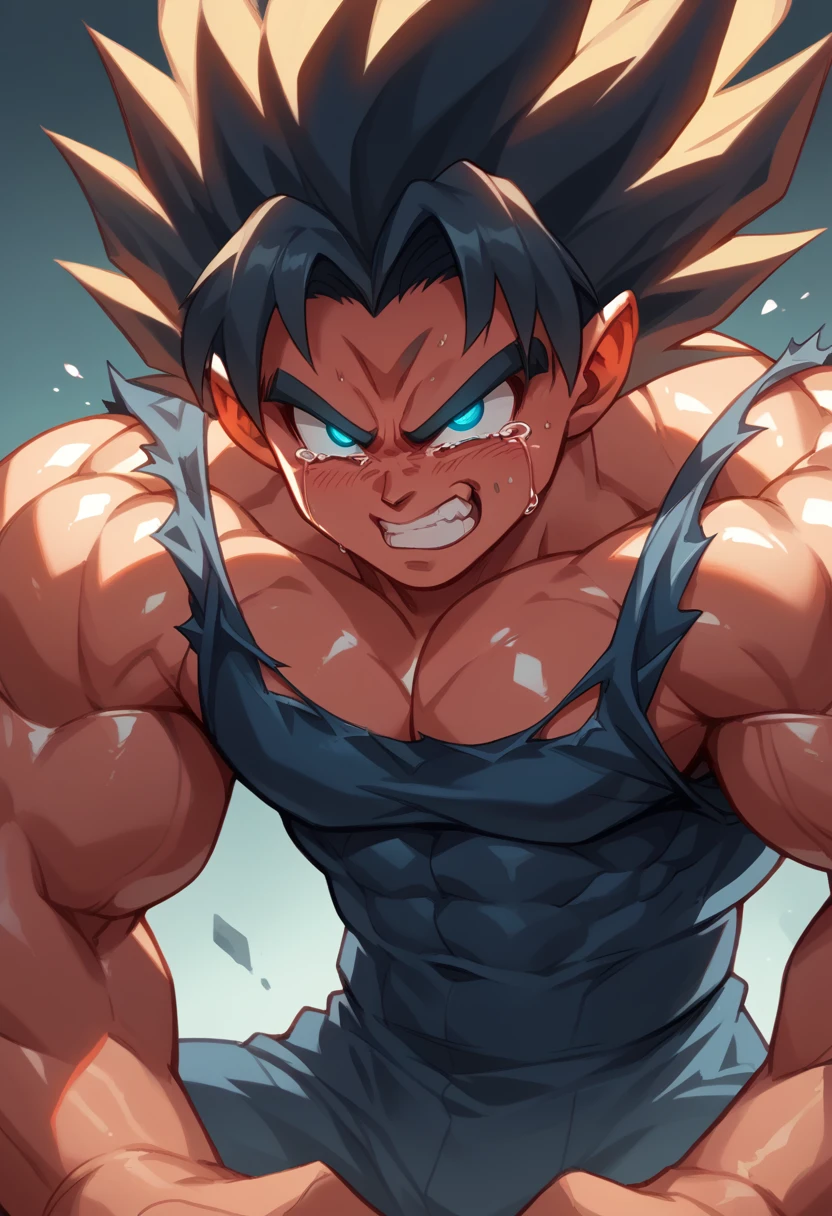 Highest quality,Based on anatomy,Huge muscles,A mix of Vegeta and Kogenta,Devil's Body,Sexually attractive gestures,Shiny skin,Glowing Skin,Being possessed by the devil,Tears,The black devil is entering the body,