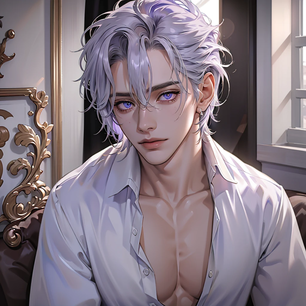 1boy, solo, detailed silver hair, cinematic lighting, high-resolution, lean build, detailed violet beautiful eyes, silver hair, sexy open shirt, melancholic expression, high resolution