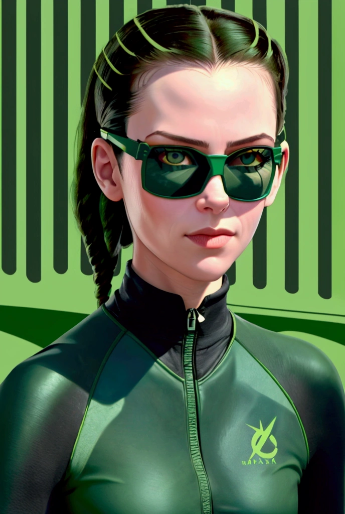 Face with green eyes, eyes are toxiq green, she look in your face, she war sunglasses,  she live in the Matrix, matrix is in the foreground, Sonnenbrille ist spacig, Sunglasses are square, Sunglasses are big, Cycling goggles