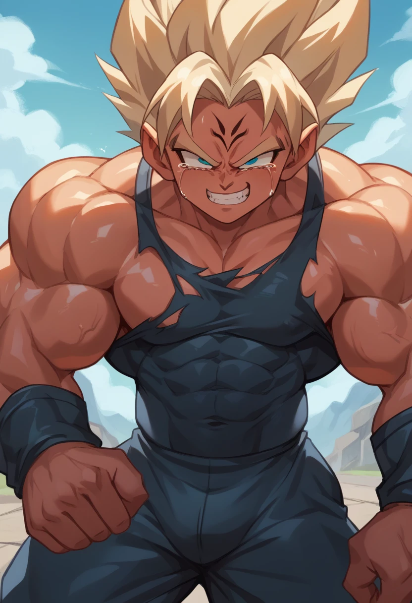 Highest quality,Based on anatomy,Huge muscles,A mix of Vegeta and Kogenta,Devil's Body,Sexually attractive gestures,Shiny skin,Glowing Skin,Being possessed by the devil,Tears,I see the shadow of a black devil entering my body,Exhausted Smile