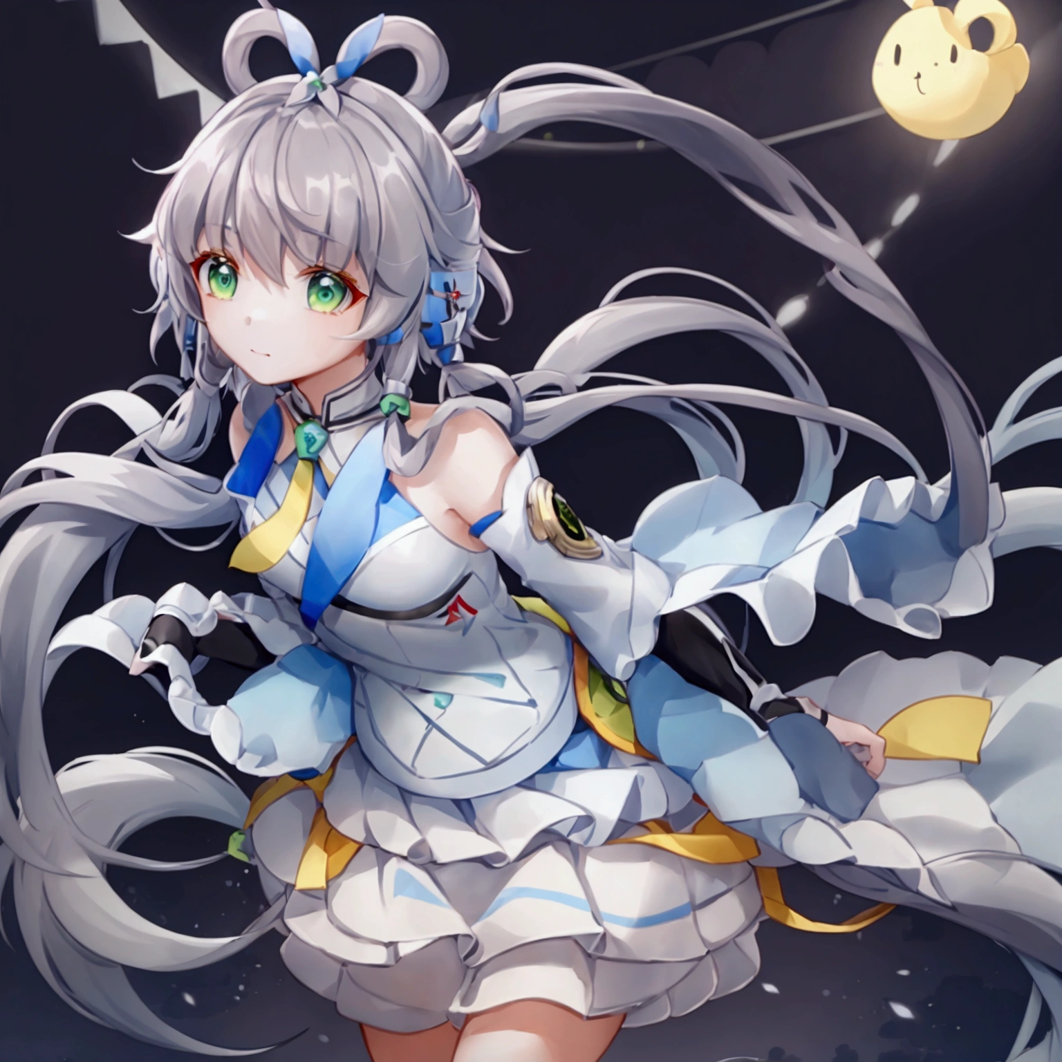 Let Luo Tianyi stand on the platform of Zuoying High-speed Railway Station。Luo Tianyi&#39;s eyes are green, her gray-blue hair is tied into a knot, her scarf is yellow, her skirt is light blue, and she has a pleated skirt. There happened to be a high-speed train stopping at the platform.