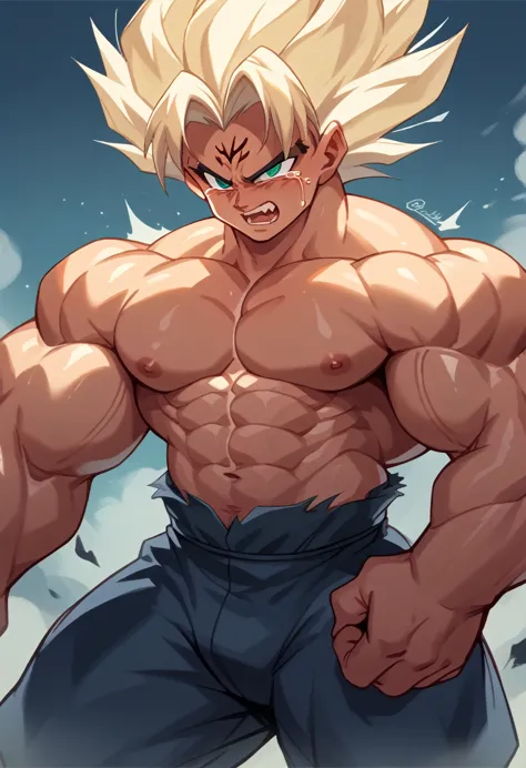 highest quality,based on anatomy,huge muscles,a mix of vegeta and kogenta,devil's body,sexually attractive gestures,shiny skin,g...