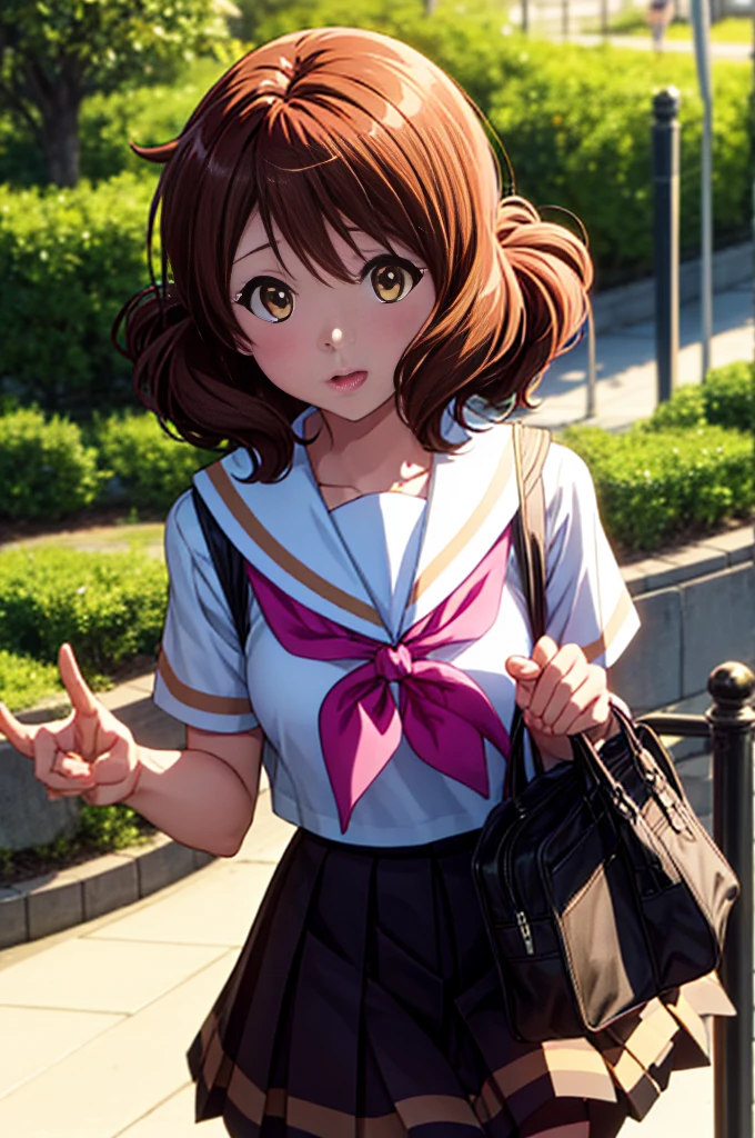 best pictures, Kumiko、masutepiece, 1girl in、​masterpiece、super precision、solo、Kumiko Omae、a park、Beautiful flowers々Park in full bloom、An amusement park、Kitauji High School Uniform, neckerchief, pink neckerchief, Pleated skirt, School uniform, serafuku, Shirt, Short sleeves, Skirt, White shirt、best pictures, Short hair, Wavy Hair、High quality anime girl with brown hair and brown eyes、[3D Images:1.25],[Attractive eyes,A detailed eye、radiant eyes, Colorful eyes:1.1]],Absolute references、Cowboy Shot