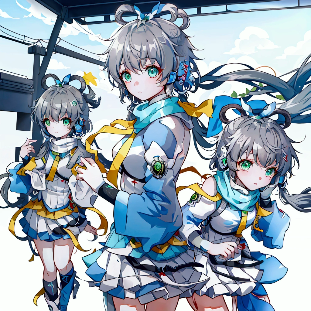 Let Luo Tianyi stand on the platform of Zuoying High-speed Railway Station。Luo Tianyi&#39;s eyes are green, her gray-blue hair is tied into a knot, her scarf is yellow, her skirt is light blue, and she has a pleated skirt. There happened to be a high-speed train stopping at the platform.