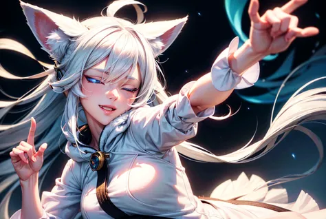 a beautiful detailed anime fox girl with white hair and fox ears, wearing a white hoodie, smiling with her eyes closed, against ...